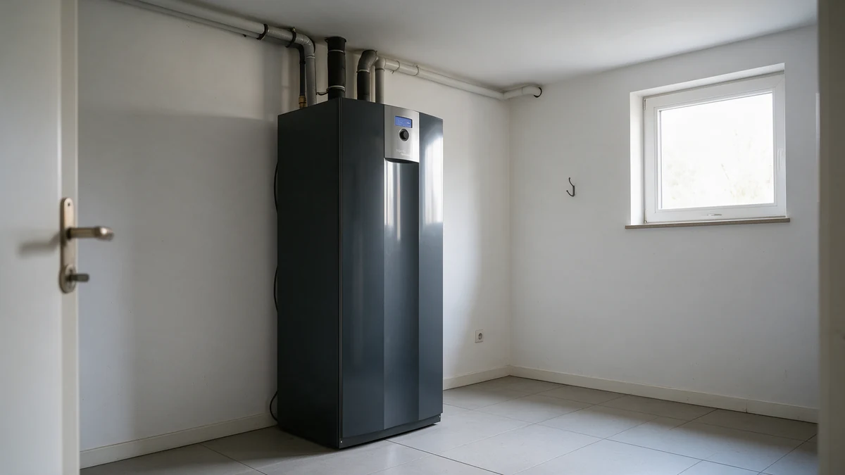 Antracietgrijze Alpha Innotec alterra SWC grond-waterwarmtepomp in een lichte bijkeuken met grijze vloertegels en witte muren, met geïsoleerde leidingen vanaf de bovenkant de muur in.