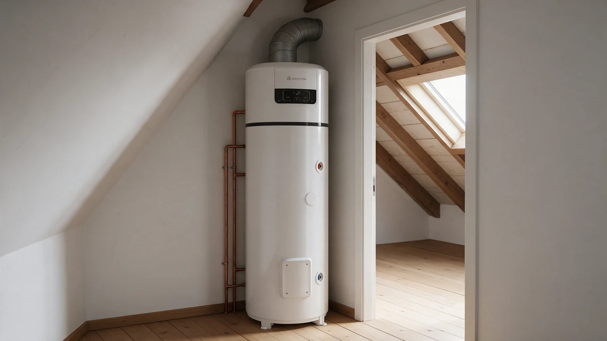 Witte Ariston Nuos warmtepompboiler van bijna 2 meter hoog tegen de muur van een Nederlandse zolder naast de zolderdeur, met koperen leidingen en een luchtkanaal de muur in.