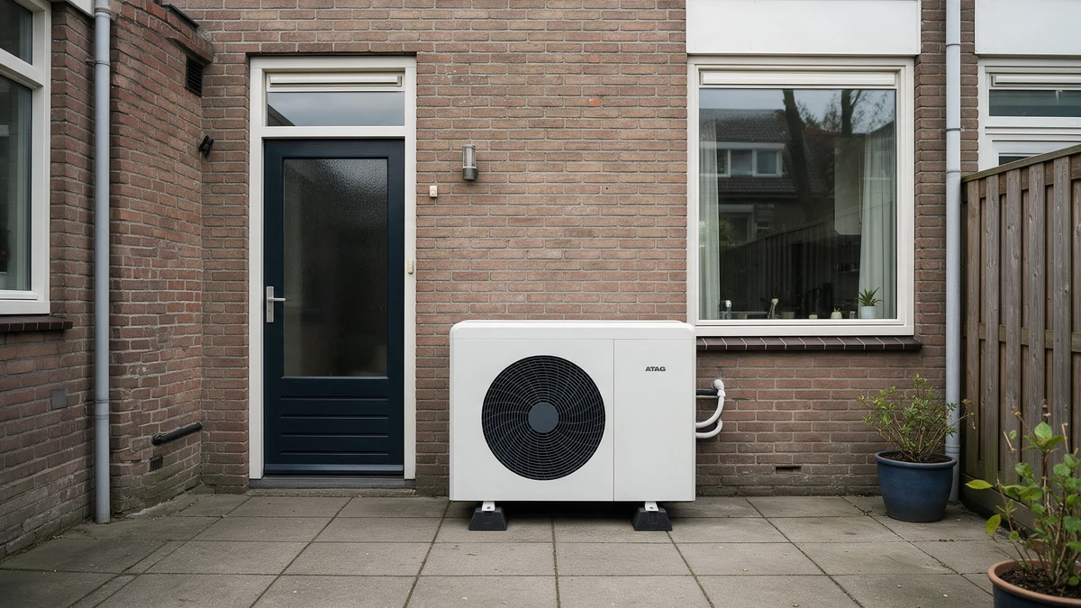 Witte ATAG Energion buitenunit op rubberen poten tegen de bakstenen achtergevel van een Nederlandse rijtjeswoning uit de jaren zeventig, tussen de achterdeur en het keukenraam.