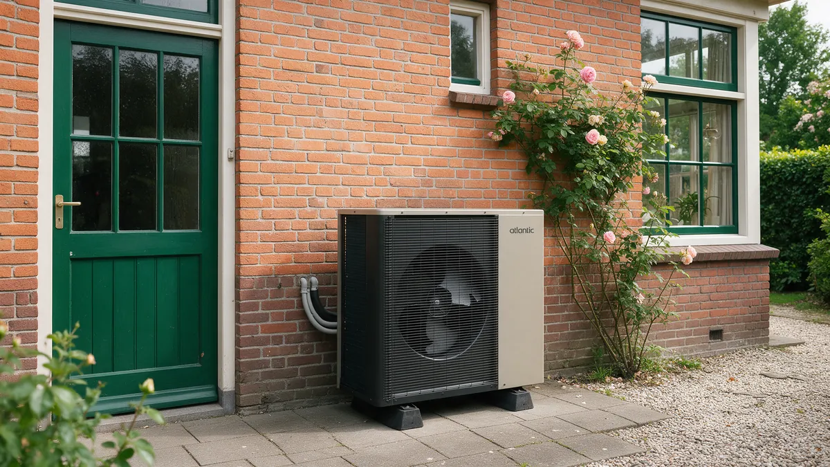 Champagnekleurige Atlantic Alfea buitenunit met de ventilator naar de tuin, tegen de oranjerode bakstenen achtergevel van een Nederlandse jaren-dertigwoning, naast de groene achterdeur en een klimroos.
