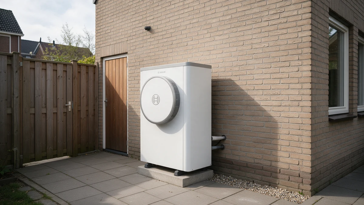 Witte Bosch Compress 7400i AW buitenunit op een betonnen sokkel tegen de bakstenen zijgevel van een Nederlandse vrijstaande woning, in de achtertuin naast een houten zijdeur en een schutting.