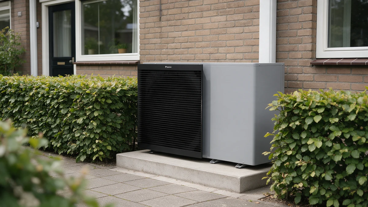Grijze Daikin Altherma 3 M monobloc buitenunit met zwart frontpaneel op een betonnen sokkel in de voortuin van een Nederlandse rijtjeswoning uit de jaren zeventig, tussen lage beukenhagen.