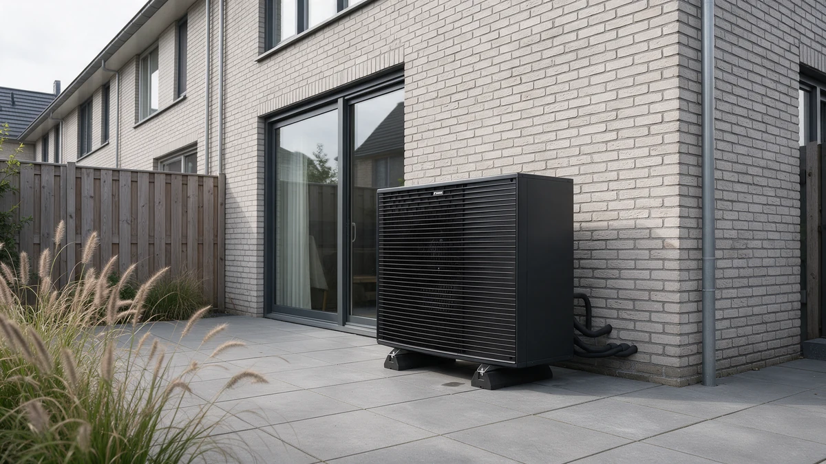 Zwarte Daikin Altherma 4 buitenunit op rubberen poten tegen de lichtgrijze bakstenen achtergevel van een Nederlandse nieuwbouw rijtjeswoning, naast de schuifpui, met een schutting en siergras.