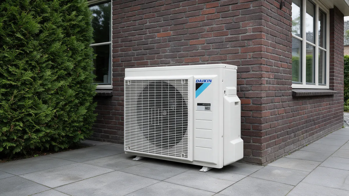 Witte Daikin Altherma 3 H buitenunit met lichtgrijs ventilatorrooster op grijze tegels tegen de donkerrode bakstenen achtergevel van een Nederlandse hoekwoning, naast een hoge coniferenhaag.