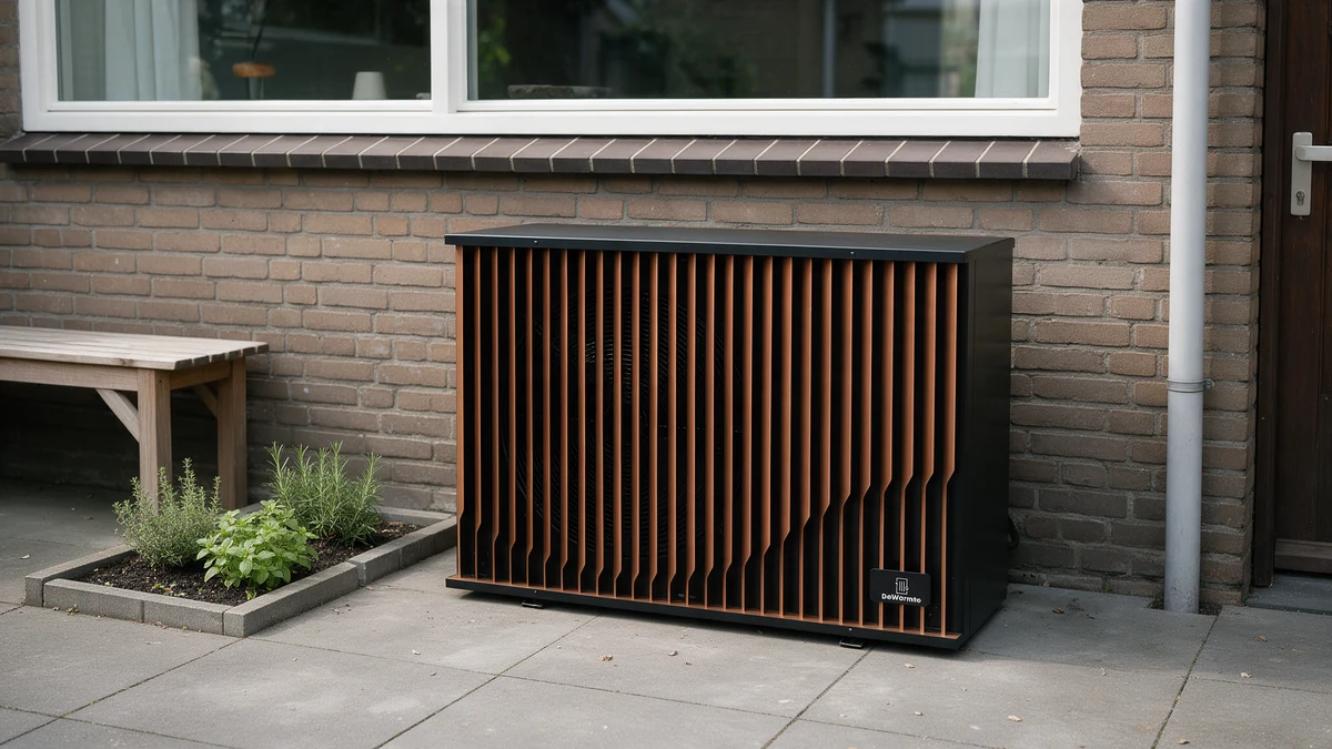 Zwarte DeWarmte Pomp AO buitenunit met verticale koperkleurige lamellen op grijze tegels tegen de bruine bakstenen achtergevel van een Nederlandse rijtjeswoning, naast een kruidenbordertje en een houten tuinbank.