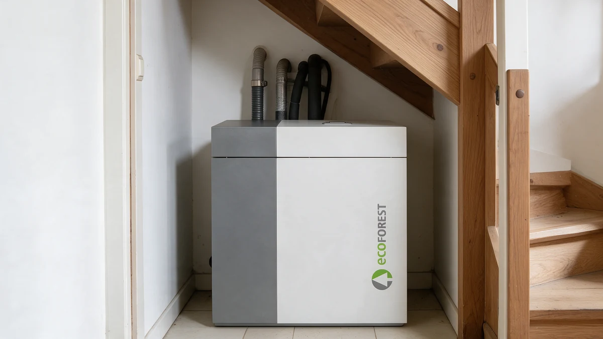 Wit met grijze Ecoforest ecoGEO grond-waterwarmtepomp in een trapkast van een Nederlandse woning, onder de houten trap, met lichte vloertegels en leidingen vanaf de bovenkant.
