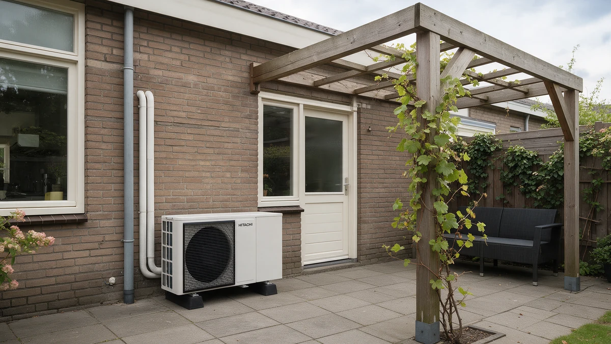 Witte Hitachi Yutaki M buitenunit op rubberen poten tegen de bruine bakstenen achtergevel van een Nederlandse twee-onder-een-kapwoning, naast de achterdeur onder een houten pergola.