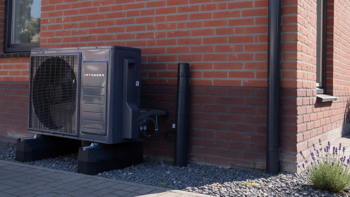 Grafietgrijze Intergas Xtend buitenunit op zwarte rubberen poten in een grindstrook langs de rode bakstenen gevel van een Nederlandse rijtjeswoning, met een regenpijp en lavendel.