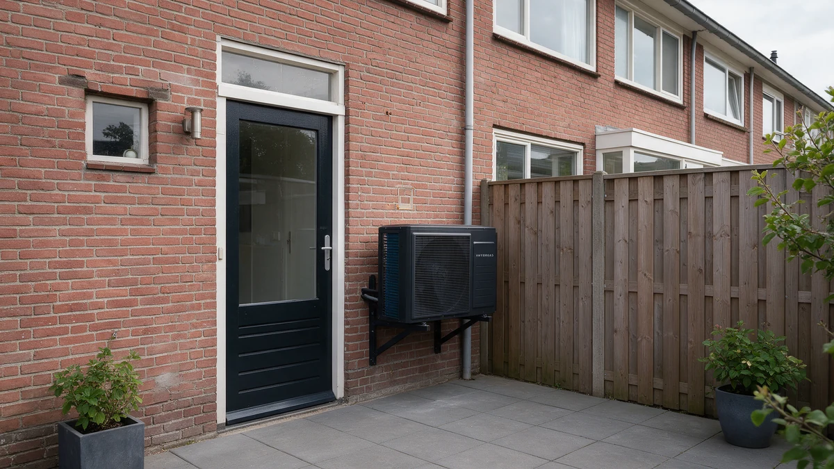 Antracietkleurige Intergas Xtend buitenunit op zwarte wandconsoles aan de rode bakstenen achtergevel van een Nederlandse rijtjeswoning, naast de achterdeur en een houten schutting.