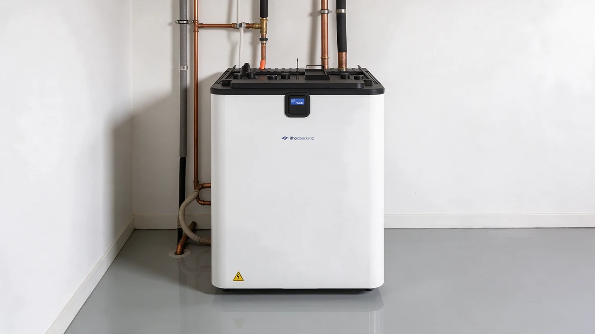 Witte Itho Daalderop WPU 6G warmtepomp met zwarte bovenkant en klein blauw display in een technische ruimte van een Nederlandse nieuwbouwwoning, met koperen en geïsoleerde leidingen naar de muur.