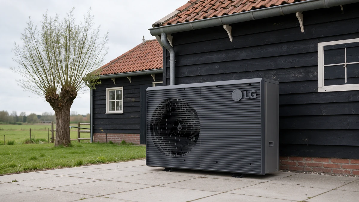 Donkergrijze LG Therma V R290 monobloc buitenunit op betontegels bij een Nederlandse boerderij met zwart gebeitste houten gevel en rode dakpannen, met een knotwilg en weiland op de achtergrond.