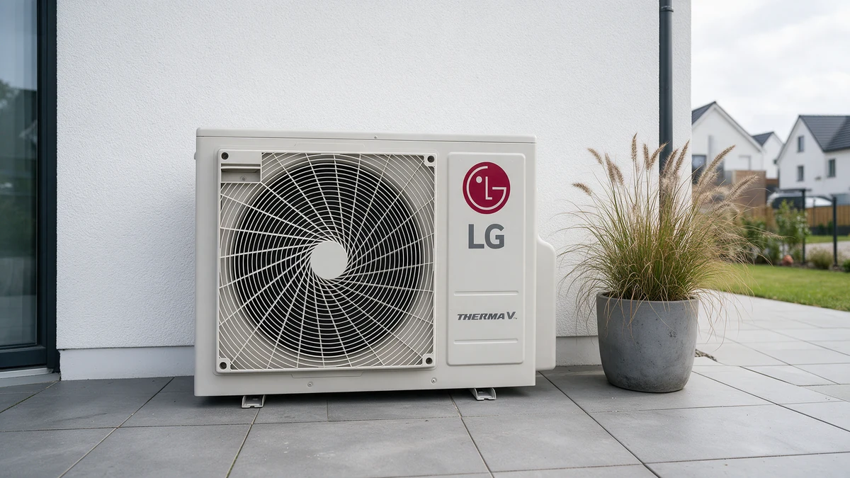Witte LG Therma V buitenunit met rond ventilatorrooster en rood LG-logo op grijze keramische tegels tegen de witgestucte gevel van een Nederlandse nieuwbouwwoning, naast een plantenbak met siergras.