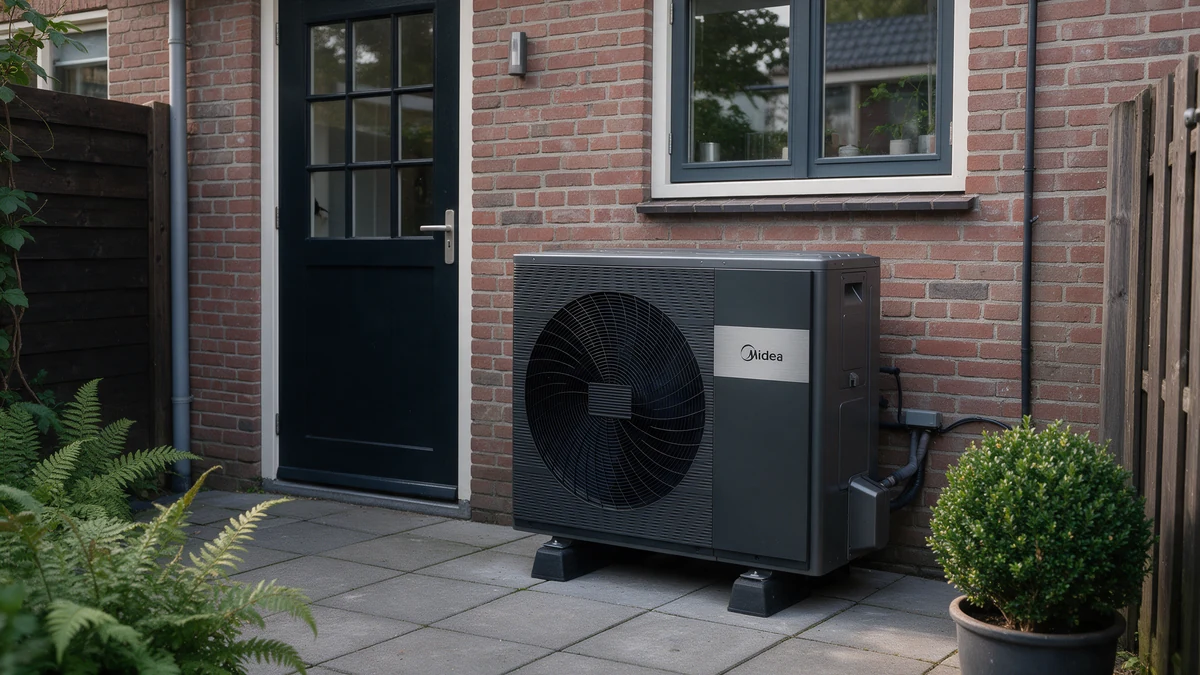 Donkergrijze Midea M-Thermal Arctic buitenunit op rubberen poten tegen de rode bakstenen achtergevel van een Nederlandse rijtjeswoning, onder het raam naast de achterdeur, met varens en een buxus.