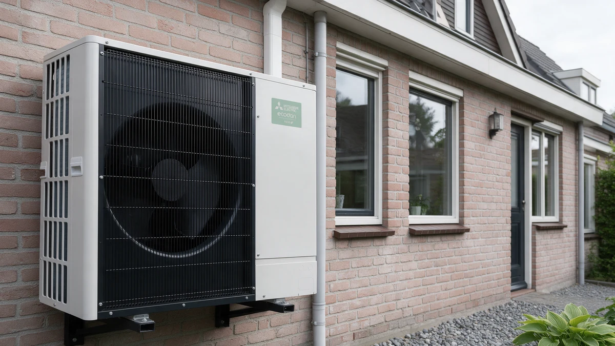 Witte Mitsubishi Electric Ecodan buitenunit met zwart ventilatorrooster op zwarte wandconsoles aan de lichtrode bakstenen zijgevel van een Nederlandse twee-onder-een-kapwoning, boven een grindstrook met hosta's.
