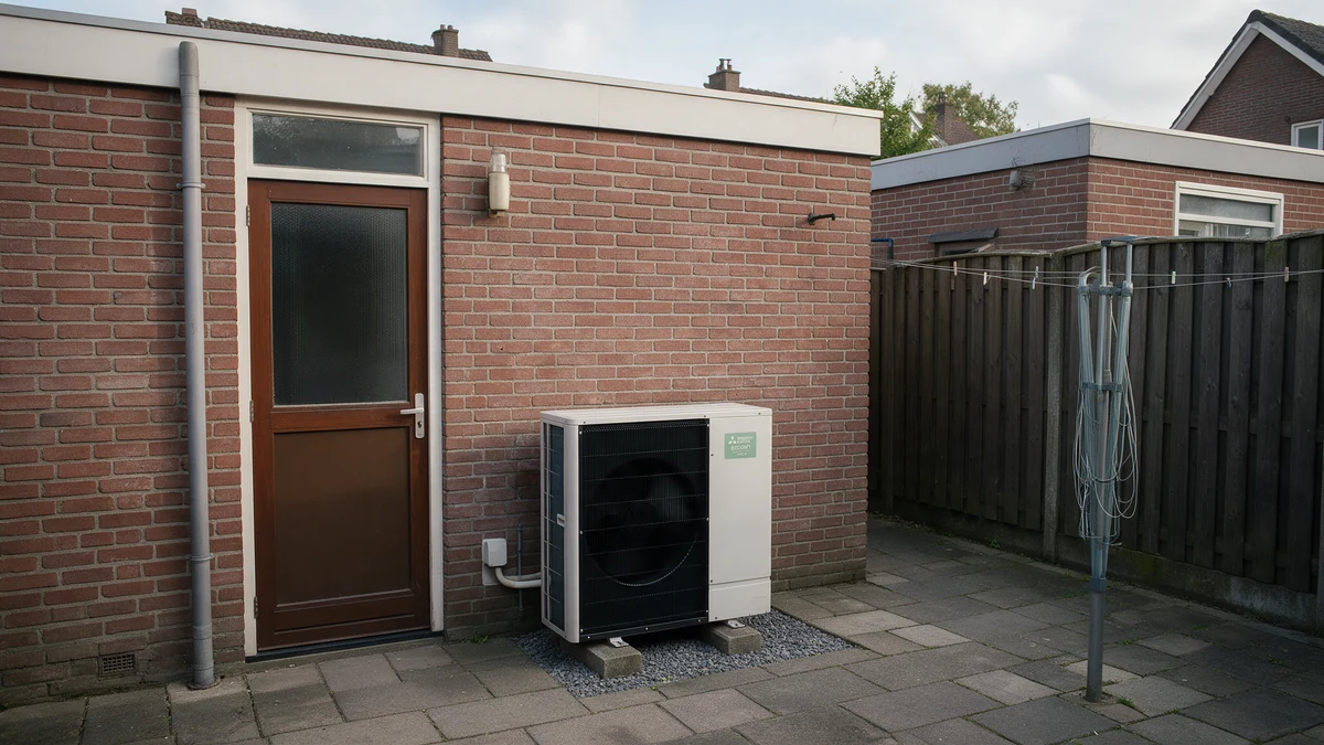 Lichtgrijze Mitsubishi Electric Ecodan buitenunit op betonblokken tegen de rode bakstenen achtergevel van een Nederlandse jaren-vijftigwoning, naast de achterdeur en een droogmolen in de achtertuin.