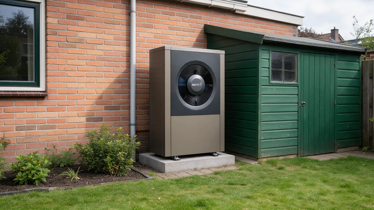 Bronskleurige Nefit EnviLine buitenunit met rond ventilatorrooster op een betonpoer in de achtertuin van een Nederlandse jaren-dertigwoning, naast een groen geschilderd houten tuinhuis en een grasveld.