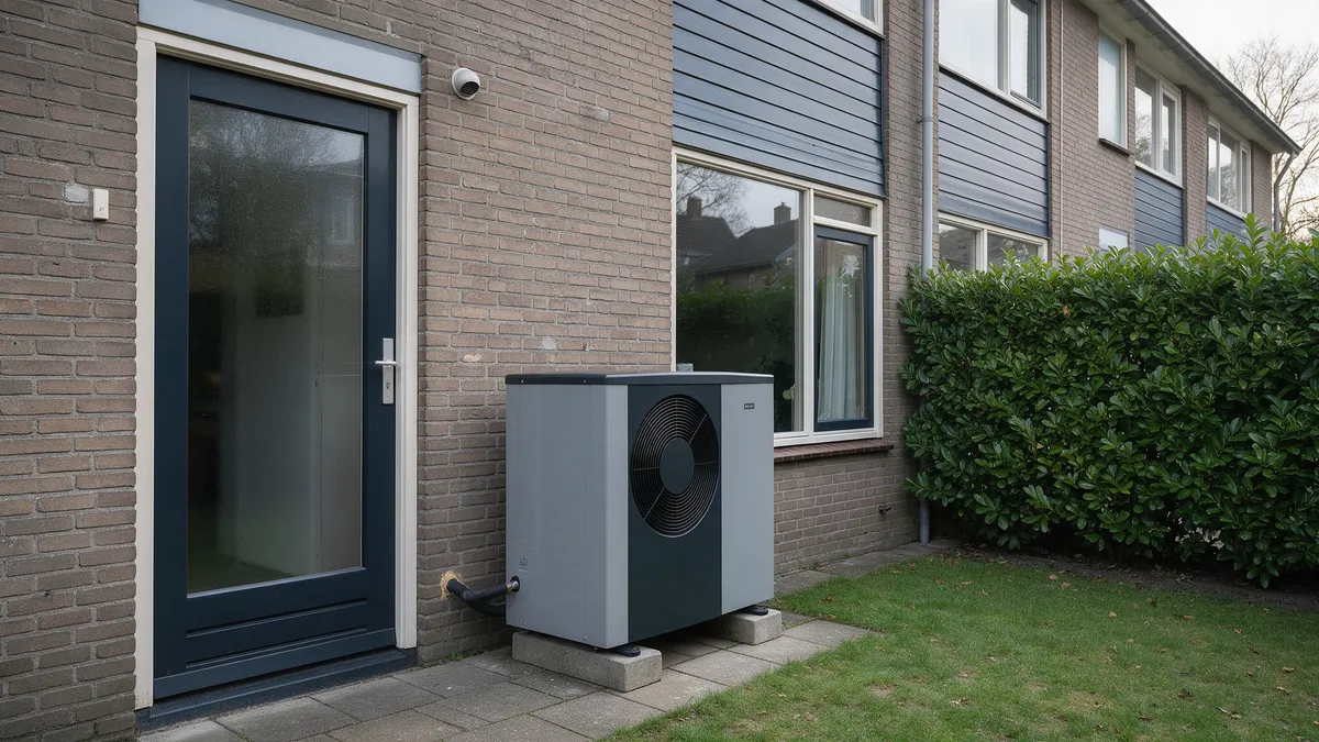 Grijze NIBE S2125 buitenunit met donker front op betonblokken tegen de bakstenen achtergevel van een Nederlandse twee-onder-een-kapwoning, naast de achterdeur, een laurierhaag en een grasveld.