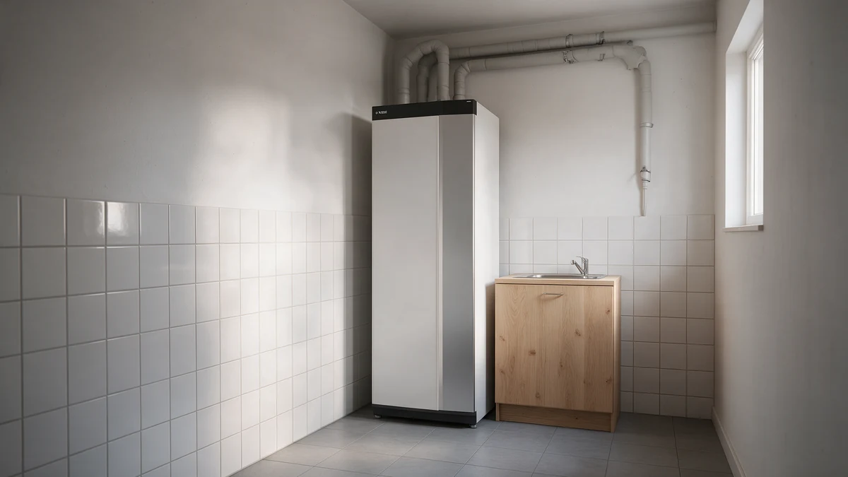 Witte NIBE S1255 grond-waterwarmtepomp met zilveren zijstrook in een Nederlandse bijkeuken met witte wandtegels, grijze vloertegels en een houten kastje met spoelbak.