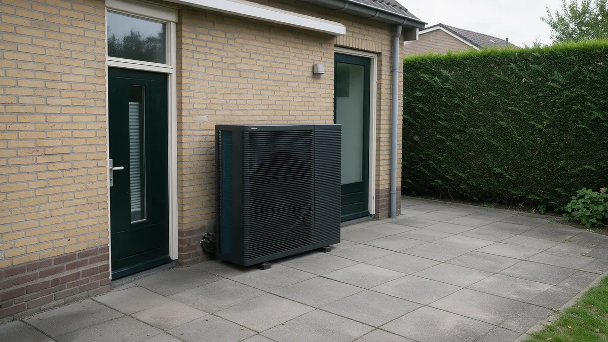 Antracietkleurige Panasonic Aquarea L-serie buitenunit op rubberen poten tegen de gele bakstenen zijgevel van een Nederlandse hoekwoning, naast de zijdeur en een hoge haag.