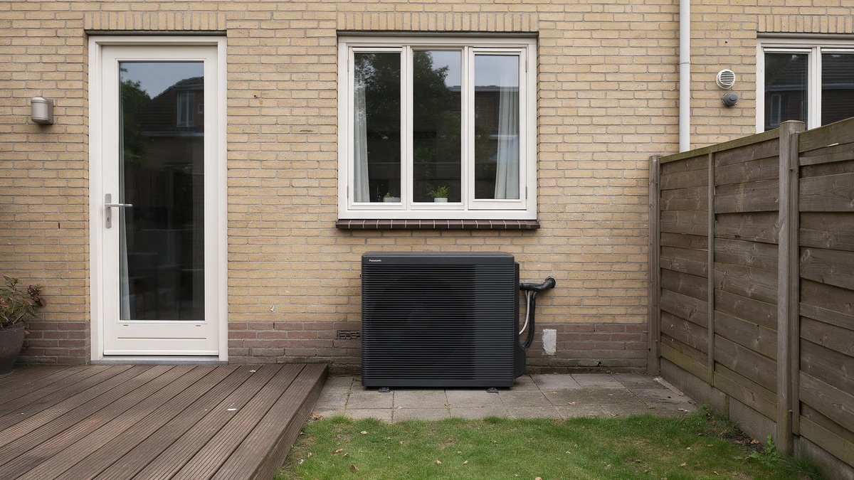 Antracietkleurige Panasonic Aquarea buitenunit onder het raam tegen de gele bakstenen achtergevel van een Nederlandse rijtjeswoning, naast een houten vlonder en een schutting.