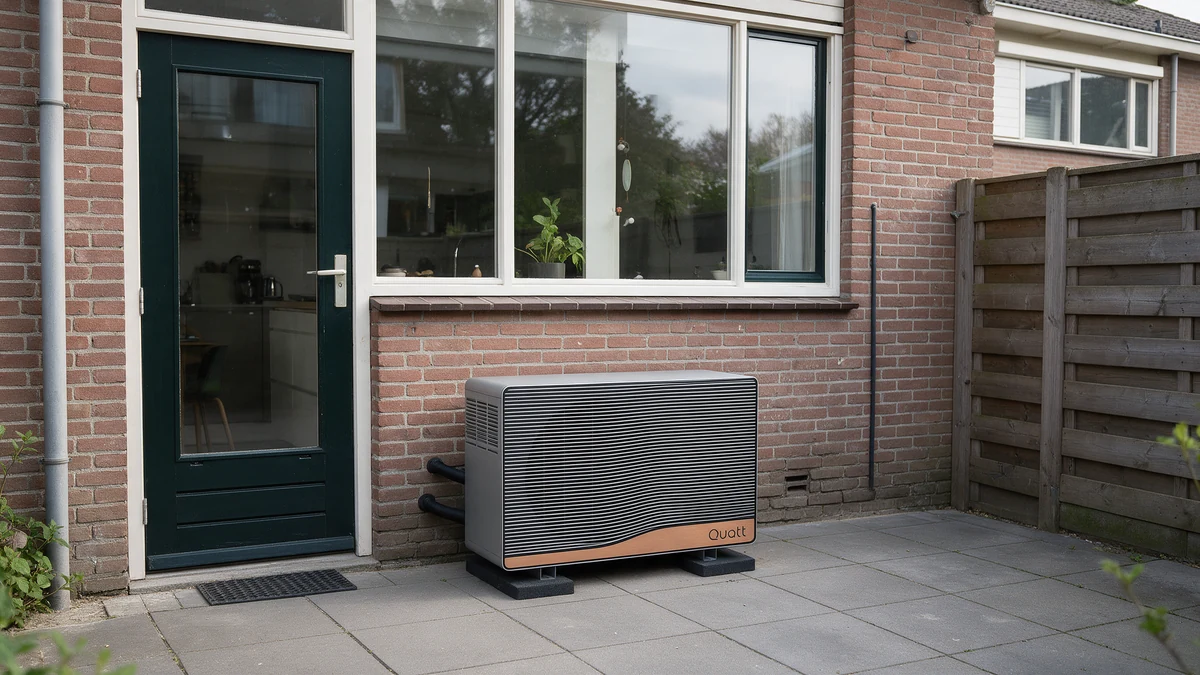 Quatt Hybrid buitenunit met zwart golvend front, koperkleurige onderrand en lichtgrijze kast op rubberen voeten tegen de bakstenen achtergevel van een Nederlandse rijtjeswoning, onder het keukenraam naast de achterdeur, met leidingen de muur in.