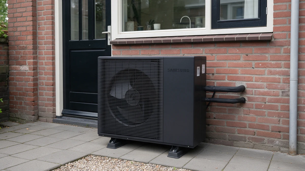 Donkergrijze Samsung EHS Mono R290 buitenunit op rubberen voeten op grijze tegels tegen de rode bakstenen achtergevel van een Nederlandse rijtjeswoning, naast de achterdeur onder het keukenraam, met leidingen de muur in.