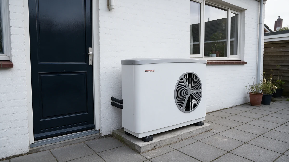 Witte Stiebel Eltron WPL-A buitenunit met rond grijs ventilatorrooster op een betonnen sokkel tegen de wit geschilderde bakstenen achtergevel van een Nederlandse rijtjeswoning, naast de achterdeur, met leidingen de muur in.