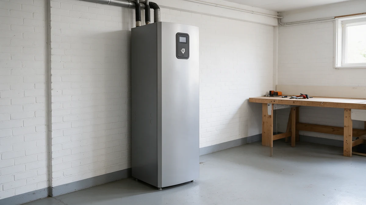 Zilvergrijze Thermia Calibra grond-waterwarmtepomp tegen de witte bakstenen muur van een Nederlandse garage met grijze betonvloer, met leidingen vanaf de bovenkant en een houten werkbank verderop.