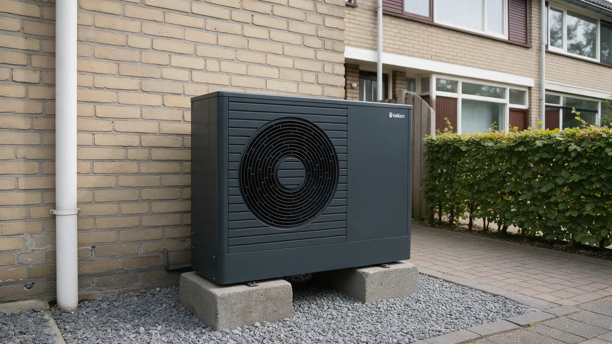 Antracietkleurige Vaillant aroTHERM plus buitenunit op betonblokken in een grindstrook langs de gele bakstenen zijgevel van een Nederlandse twee-onder-een-kapwoning, met een regenpijp en een beukenhaag.