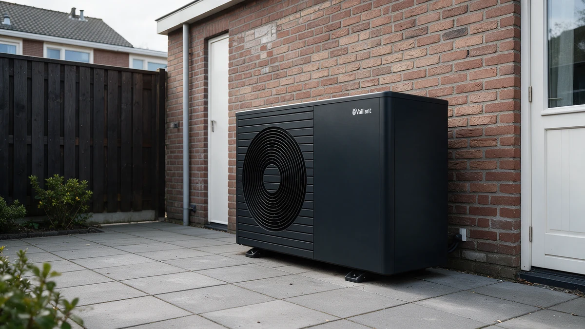 Zwarte Vaillant aroTHERM plus buitenunit op grijze betontegels tegen de bakstenen achtergevel van een Nederlands rijtjeshuis, naast een witte achterdeur en een donkere houten schutting.