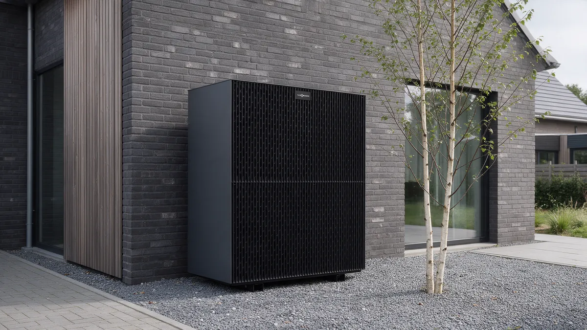 Zwarte Viessmann Vitocal 250-A buitenunit in een grindstrook naast de donkergrijze bakstenen gevel van een moderne Nederlandse vrijstaande woning met houten gevelaccenten en een jonge berk.