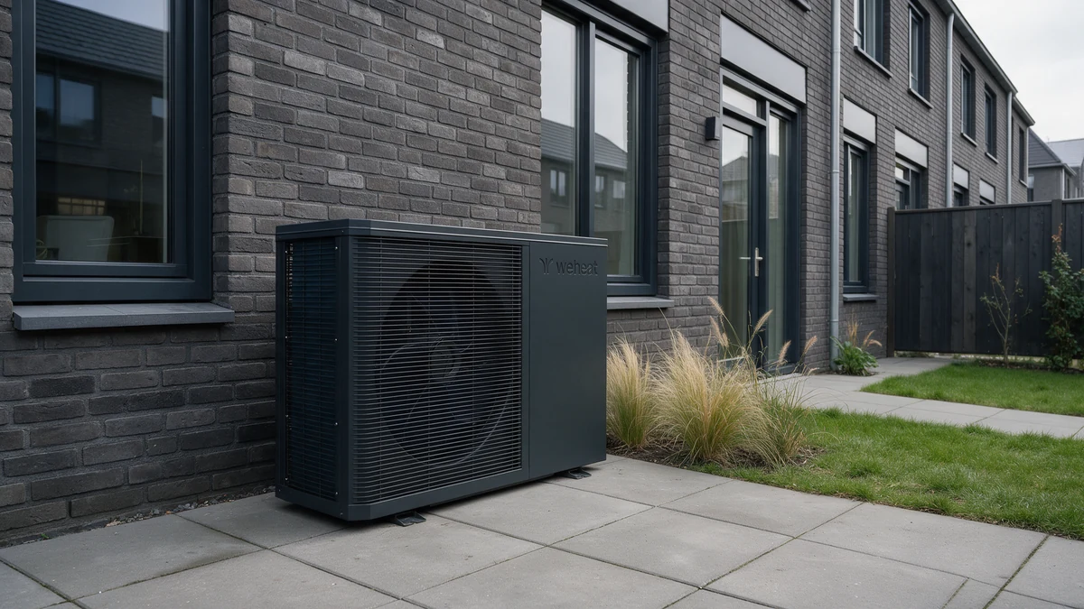 Antracietkleurige WeHeat Flint buitenunit op grijze betontegels tegen de donkergrijze bakstenen gevel van een Nederlandse nieuwbouw rijtjeswoning, met siergrassen en een strook gras.