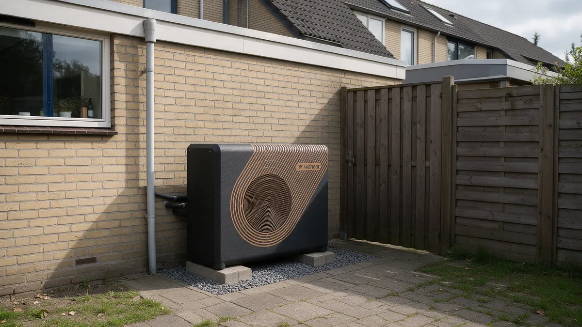 Antraciet WeHeat Sparrow warmtepomp met koperkleurig lijnenpatroon rond de ventilator, buiten op twee betonblokken in een grindstrook tegen de gele bakstenen zijgevel van een Nederlandse twee-onder-een-kapwoning, naast een houten poort, met leidingen de muur in.
